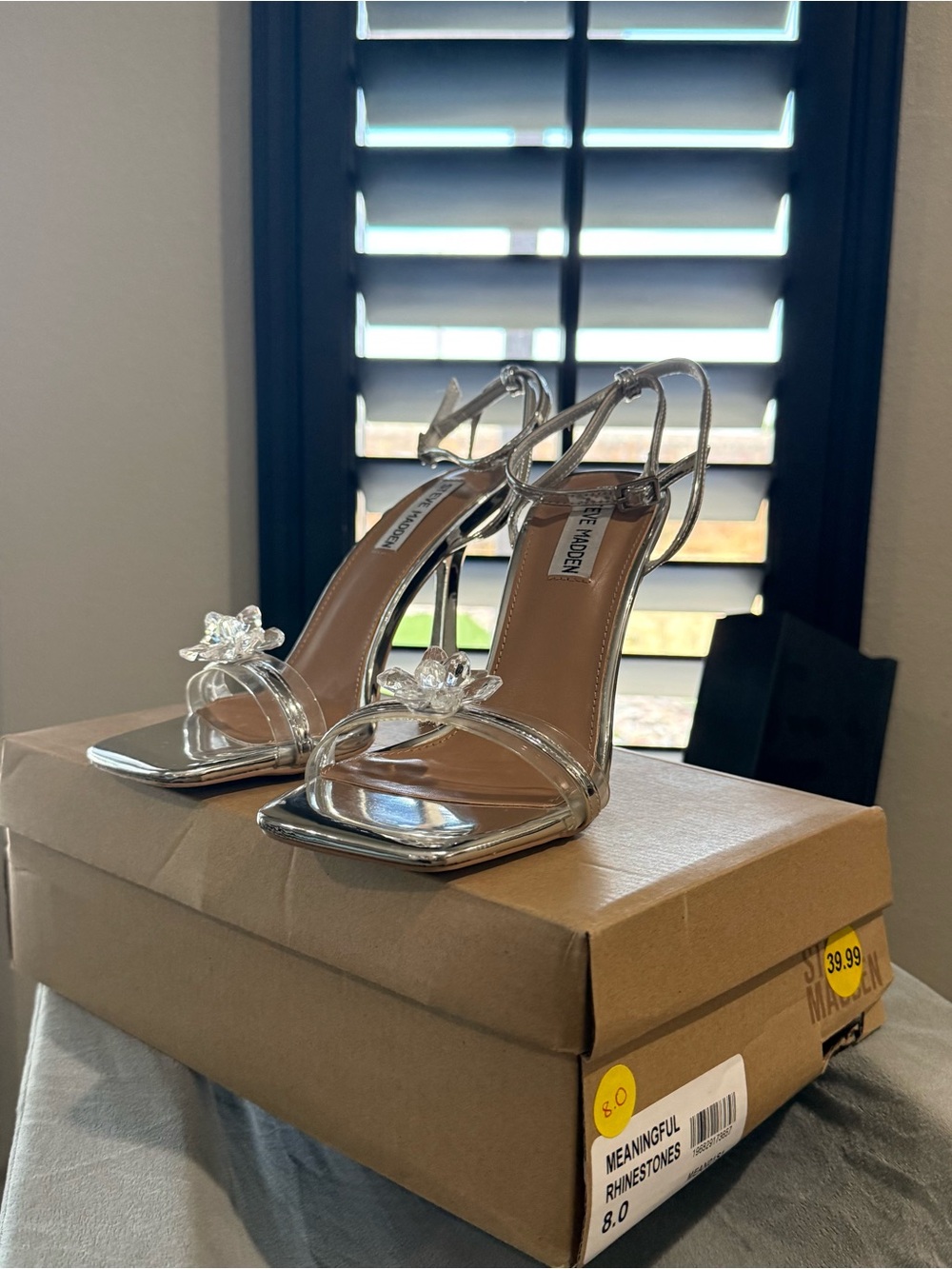 Steve Madden Silver Metallic Slingback Heels with Crystal Flower